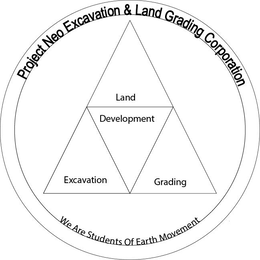 PROJECT NEO EXCAVATION & LAND GRADING CORPORATION LAND DEVELOPMENT EXCAVATION GRADING WE ARE STUDENTS OF EARTH MOVEMENT trademark