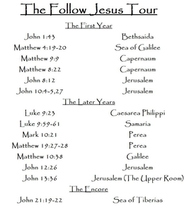 THE FOLLOW JESUS ANTHOLOGY DATES JOHN 1:43 MATTHEW 4:19-20 MATTHEW 9:9 MATTHEW 8:22 JOHN 8:12 JOHN 10:4-5,27 LUKE 9:23 LUKE 9:59-61 MARK 10:21 MATTHEW 19:27-28 MATTHEW 10:38 JOHN 12:26 JOHN 13:36 JOHN 21:19-22 THE FIRST YEAR SEA OF GALILEE JERUSALEM THE LATER YEARS CAESAREA PHILIPPI JERUSALEM (THE UPPER ROOM) LOCATION BETHSAIDA CAPERNAUM CAPERNAUM JERUSALEM SAMARÍA PEREA PEREA GALILEE JERUSALEM THE ENCORE SEA OF TIBERÍAS SPECIAL GUEST PHILLIP SIMON PETER & ANDREW MATTHEW THE POTENTIAL DISCIPLE THE WOMAN IN SIN THE MASSES THE DISCIPLES AND THE CROWD THE POTENTIALS THE RICH YOUNG RULER SIMON PETER THE DISCIPLES THE DISCIPLES SIMON PETER PETER trademark