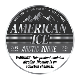AMERICAN ICE ARCTIC SURGE NEVER DRY SLO-RELEASE REAL FLAVORS 3.5 MILLIGRAM 20 POUCHES WARNING: THIS PRODUCT CONTAINS NICOTINE. NICOTINE IS AN ADDICTIVE CHEMICAL. trademark