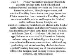 CLASS 41 — PRIMARY (EDUCATION/COACHING/FITNESS)LIFE COACHING SERVICES IN THE FIELD OF HEALTH AND WELLNESS.PERSONAL COACHING SERVICES IN THE FIELDS OF HABIT FORMATION, MINDSET, LIFESTYLE IMPROVEMENT, AND NUTRITION.PROVIDING FITNESS INSTRUCTION; YOGA INSTRUCTION; PILATES INSTRUCTION; DANCE INSTRUCTION.PROVIDING ON-LINE NON-DOWNLOADABLE ARTICLES AND BLOGS IN THE FIELDS OF HEALTH, WELLNESS, FITNESS, LIFESTYLE, AND NUTRITION.CONDUCTING WORKSHOPS AND CLASSES IN THE FIELD OF HEALTH, WELLNESS, FITNESS, AND LIFESTYLE.PROVIDING ON-LINE NON-DOWNLOADABLE VIDEOS IN THE FIELD OF HEALTH, WELLNESS, AND FITNESS.CLASS 42 — SOFTWARE / AI (SAAS & WEB APPS)SOFTWARE AS A SERVICE (SAAS) SERVICES FEATURING SOFTWARE USING ARTIFICIAL INTELLIGENCE FOR PROVIDING PERSONALIZED WELLNESS RECOMMENDATIONS, HABIT TRACKING, GOAL SETTING, AND VIRTUAL COACHING CHATBOTS (WELLNESS AGENTS).PROVIDING TEMPORARY USE OF NON-DOWNLOADABLE SOFTWARE FOR DESIGNING AND TRACKING WELLNESS PROGRAMS, WORKOUTS, AND NUTRITION PLANS. trademark
