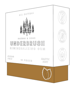 ALL NATURAL NATHAN & SONS UNDERBRUSH REMINERALIZING GUM SUGAR FREE 18 PIECES MASTIC MINT PLASTIC FREE NO SYNTHETIC RUBBERS NON GMO trademark