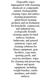 DISPOSABLE WIPES IMPREGNATED WITH CLEANSING CHEMICALS OR COMPOUNDS; NATURAL, BIODEGRADABLE CLEANING WIPES AND SURFACE CLEANING PREPARATIONS; PLANT-BASED CLEANING PRODUCTS AND AIR FRESHENERS FOR HOUSEHOLD, COMMERCIAL, AND INDUSTRIAL USE; ECOLOGICALLY FRIENDLY CLEANING AGENTS FOR HARD SURFACES, KITCHENS, BATHROOMS, AND GENERAL SANITATION; WIPES AND CLEANING SOLUTIONS FOR FITNESS EQUIPMENT, GYM FACILITIES, YOGA MATS, SPORTING GOODS, AND EXERCISE MACHINES; WIPES FOR CLEANING AND PRESERVING FITNESS AND SPORTS EQUIPMENT, INCLUDING WEIGHT BENCHES, CARDIO MACHINES, AND STUDIO SURFACES. trademark