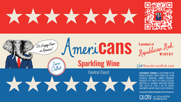 AMERICANS SPARKLING WINE CENTRAL COAST A PRODUCT OF SHOP REPUBLICANRED.COM IT'S HAPPY HOUR IN AMERICA! SERVE CHILLED PRODUCED AND BOTTLED BY REPUBLICAN RED IN SOLEDAD, CA CA CRV ALC. 13.5% BY VOL. 750ML CONTAINS SULFITES trademark