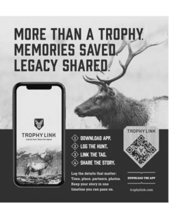 THE MARK CONSISTS OF THE STYLIZED WORDING “TROPHY LINK” IN BOLD, CAPITALIZED, SANS-SERIF LETTERS, WITH THE WORD “TROPHY” IN DARK BROWN AND “LINK” IN A VIBRANT LIME-GREEN COLOR. THE LOGO ALSO INCLUDES A SHIELD DESIGN WITH SYMMETRICAL DEER ANTLERS IN DARK BROWN AND A YELLOW-GREEN CENTER. THE ANTLERS ARE CENTERED ABOVE THE WORD “TROPHY LINK”, WITH THE ENTIRE LOGO DISPLAYED ON A MATTE WHITE CIRCULAR TAG WITH A BLACK DECORATIVE BORDER. THE LOGO’S COLOR SCHEME INCLUDES LIME GREEN, DARK BROWN, AND WHITE FOR THE PRIMARY ELEMENTS. THE OVERALL APPEARANCE IS CLEAN, MODERN, AND TECH-FORWARD, WITH SUBTLE HINTS OF RUGGED OUTDOOR ELEMENTS. trademark