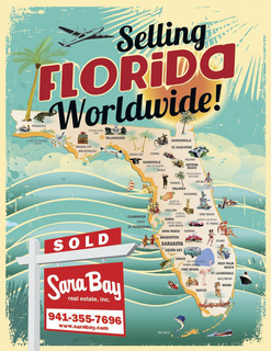 THE MARK CONSISTS OF THE WORDING SELLING FLORIDA WORLDWIDE! IN STYLIZED LETTERING WRITTEN ON THREE LINES. THE WORDS SELLING AND WORLDWIDE! APPEAR IN BLACK. THE WORD FLORIDA IN RED WITH A WHITE OUTLINE. A WHITE SELLING POST WITH TWO RED SIGNS APPEARS TO THE LOWER LEFT CORNER OF THE WORDING. THE TOP SIGN HAS THE WORD SOLD IN WHITE. THE BOTTOM SIGN HAS THE WORDING SARA BAY REAL ESTATE, INC. IN WHITE LETTERING AND 941-355-7696 WWW. SARABAY.COM IN RED INSIDE A WHITE RECTANGLE. THE BACKGROUND APPEARS IN TEAL WITH A CREAM STYLIZED BORDER, A PARTIAL PALM TREE DESIGN IN CREAM IN THE UPPER RIGHT CORNER, A FLYING PLANE IN BLACK, AN ORANGE AND YELLOW SUN, MULTIPLE WATER WAVES IN CREAM AND A STATE OF FLORIDA IN TAN WITH AN ORANGE SURROUNDING BORDER SHOWING NAMES OF SEVERAL CITIES IN BLACK. THE WORDING INSIDE THE STATE OF FLORIDA APPEARS AS PENSACOLA NAVAL AIR STATION PANAMA CITY APALACHICOLA TALLAHASSEE FLORIDA STATE UNION CROSS CITY STARK JACKSONVILLE ST. AUGUSTINE GAINESVILLE UNIV. OF FLORIDA OCALA PALATKA DAYTONA BEACH OCEAN BEACH SPEEDWAY COCOA TAVARES ORLANDO KISSIMMEE HEART OF CITRUS BELT LAKELAND CYPRESS GARDEN CLEARWATER LARGO ST. PETERSBURG TAMPA WINTER HAVEN LAKE WALES VERO BEACH SPORTS CAR RACES FT. PIERCE ANNA MARIA BRADENTON SARATOGA SIESTA KEY SEBRING VENICE STUART LAKE OKEECHOBEE PUNTA GORDA FORT MEYERS WEST PALM BEACH FT. LAUDERDALE HOLLYWOOD NAPLES MIAMI KEY WEST. THE ICONS INSIDE THE STATE APPEARS AS FOLLOWING, THREE GREEN, BROWN AND TAN PALM TREE, A GREEN CROCODILE, IMAGE OF THE NAVAL AIR TRAINING STATION, A BROWN, LIGHT BROWN, GREEN AND RED LUGGAGE, A WHITE TALLAHASSEE CAPITOL BUILDING, A WHITE AND BLACK SEAGULL, A BLACK GRADUATION CAP, A GOLFER WEARING A BLACK SHIRT AND BROWN PANTS, A RED AND WHITE WIND SAIL BOAT, TWO ORANGES WITH GREEN LEAVES, A GREAT AND RED ROCKET, PEOPLE ON THE BEACH, A GREEN LARGE MOUTH BASS, PINK FLAMINGO, TWO RED BOATS, A WHITE AND BLACK SHIP, TWO PEOPLE IN A CANOE, A GREEN AND WHITE CAR, RED CAR, MAN IN A WHITE BOAT AND A WOMAN UNDER A RED AND WHITE BEACH UMBRELLA. trademark