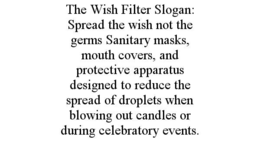 THE WISH FILTER SLOGAN: SPREAD THE WISH NOT THE GERMS SANITARY MASKS, MOUTH COVERS, AND PROTECTIVE APPARATUS DESIGNED TO REDUCE THE SPREAD OF DROPLETS WHEN BLOWING OUT CANDLES OR DURING CELEBRATORY EVENTS. trademark