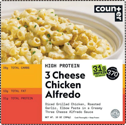 COUNTER SERVING SUGGESTION HIGH PROTEIN 3 CHEESE CHICKEN ALFREDO DICED GRILLED CHICKEN, ROAST GARLIC, ELBOW PASTA IN A CREAMY THREE CHEESE ALFREDO SAUCE NET WT. 10 OZ (284G) COOK THOROUGHLY · KEEP FROZEN 31 G PROTEIN PER SERVING 370 CALORIES PER SERVING INSPECTED FOR WHOLESOMENESS BY U.S. DEPARTMENT OF AGRICULTURE P-07644 38G TOTAL CARBS 10G TOTAL FAT 31G TOTAL PROTEIN trademark