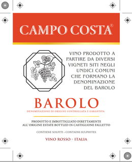 CAMPO COSTA BAROLO DENOMINAZIONE DI ORIGINE CONTROLLATA E GARANTITA PRODOTTO E IMBOTTIGLIATO DIRETTAMENTE ALL' ORIGINE ESTATE BOTTLED IN CASTIGLIONE FALLETTO CONTIENE SOLFITI - CONTAINS SULPHITES VINO ROSSO - ITALIA VINO PRODOTTO A PARTIRE DA DIVERSI VIGNETI SITI NEGLI UNDICI COMUNI CHE FORMANO LA DENOMINAZIONE DEL BAROLO trademark