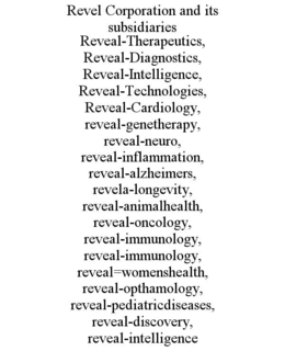 REVEL CORPORATION AND ITS SUBSIDIARIES REVEAL-THERAPEUTICS, REVEAL-DIAGNOSTICS, REVEAL-INTELLIGENCE, REVEAL-TECHNOLOGIES, REVEAL-CARDIOLOGY, REVEAL-GENETHERAPY, REVEAL-NEURO, REVEAL-INFLAMMATION, REVEAL-ALZHEIMERS, REVELA-LONGEVITY, REVEAL-ANIMALHEALTH, REVEAL-ONCOLOGY, REVEAL-IMMUNOLOGY, REVEAL-IMMUNOLOGY, REVEAL=WOMENSHEALTH, REVEAL-OPTHAMOLOGY, REVEAL-PEDIATRICDISEASES, REVEAL-DISCOVERY, REVEAL-INTELLIGENCE trademark