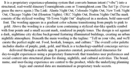 IT IS A PROPRIETARY EXPERIENCE-PLANNING SYSTEM THAT CONVERTS HUMAN INTENT (“VIBE”) INTO A STRUCTURED, REAL-WORLD ITINERARYYOURNIGHTOUTS.COM OR YOURNIGHTOUT.COM THE SET UP: (NEVER GUESS THE MOVE AGAIN.) THE LINK: ALANTA NIGHT OUT, COLORADO NIGHTS OUT, NEW YORK NIGHT OUT, CHICAGO NIGHTS OUT (HOUSTON NIGHTS). OKC NIGHTS OUT, BOSTON NIGHTS OUTTHE MARK CONSISTS OF THE STYLIZED WORDING “H-TOWN NIGHT OUT” DISPLAYED IN A MODERN, BOLD SANS-SERIF FONT. THE WORDING APPEARS IN A GRADIENT COLOR SCHEME TRANSITIONING FROM PURPLE TO PINK TO GOLD. ABOVE THE WORDING IS A CIRCULAR ICON CONTAINING A STYLIZED STAR-LIKE SPARKLE SYMBOL WITH FOUR POINTS AND A SMALL ACCENT MARK, RENDERED IN PURPLE TONES. THE DESIGN IS SET AGAINST A DARK, NIGHTTIME CITY SKYLINE BACKGROUND FEATURING ILLUMINATED BUILDINGS, CREATING AN URBAN NIGHTLIFE ATMOSPHERE. BENEATH THE MAIN WORDING IS THE TAGLINE: “TELL US YOUR VIBE, AND WE'LL CURATE THE PERFECT NIGHT OUT. FOOD, HOOKAH, LOUNGES, AND CULTURE.” THE OVERALL COLOR PALETTE INCLUDES SHADES OF PURPLE, PINK, GOLD, AND BLACK.IS A TECHNOLOGY-ENABLED CONCIERGE SERVICE DELIVERED THROUGH A MOBILE APP. IT GENERATES CURATED, PERSONALIZED ITINERARIES FOR DAY-TO-NIGHT EXPERIENCES USING A PROPRIETARY FRAMEWORK THAT TRANSLATES USER PREFERENCES AND SOCIAL CONTEXT INTO STRUCTURED PLANS FOR DINING, NIGHTLIFE, AND CULTURAL ACTIVITIES. THE BRAND, NAME, AND USER-FACING EXPERIENCE ARE CENTRAL TO THE PRODUCT, WHILE THE UNDERLYING PLANNING LOGIC AND CURATED DATA ARE MAINTAINED AS PROPRIETARY TRADE SECRETS. trademark