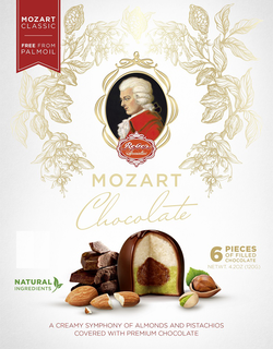 MOZART CLASSIC FREE FROM PALMOIL REBER SPECIALTIES MOZART CHOCOLATE 6 PIECES OF FILLED CHOCOLATE NET. WT. 4.2OZ (120G) NATURAL INGREDIENTS A CREAMY SYMPHONY OF ALMONDS AND PISTACHIOS COVERED WITH PREMIUM CHOCOLATE trademark