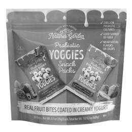 SNACK WITH PURPOSE NATURE'S GARDEN PROBIOTIC YOGGIES SNACK PACKS REAL FRUIT BITES COATED IN CREAMY YOGURT GLUTEN FREE NFC CERTIFIED 2 BILLION PROBIOTICS CULTURES GOOD SOURCE OF FIBER NO ARTIFICIAL FLAVORS OR COLORS 30 BAGS, NET WT: 0.7 OZ (20G) EACH, TOTAL NET WT: 1LB 5.2 OZ (600G) SNACK WITH PURPOSE NATURE’S GARDEN PROBIOTIC MIXED BERRY NATURAL FLAVORS YOGGIES REAL FRUIT BITES COATED IN CREAMY YOGURT 2 BILLION PROBIOTICS GOOD SOURCE OF FIBER NO ARTIFICIAL FLAVORS OR COLORS NET WT. 0.7 OZ (20G) SNACK WITH PURPOSE NATURE’S GARDEN PROBIOTIC STRAWBERRY NATURAL FLAVORS YOGGIES REAL FRUIT BITES COATED IN CREAM YOGURT 2 BILLION PROBIOTICS GOOD SOURCE OF FIBER NO ARTIFICIAL FLAVORS OR COLORS NET WT. 0.7 OZ (20G) trademark