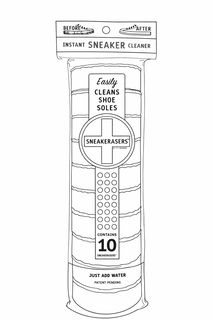 BEFORE AFTER INSTANT SNEAKER CLEANER EASILY CLEANS SHOE SOLES SNEAKERASERS BY FTI BRANDS CONTAINS 10 SNEAKERASERS JUST ADD WATER PATENT PENDING trademark