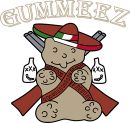 STYLIZED WORDING “GUMMEEZ” IN BEIGE UPPERCASE SERIF LETTERING OUTLINED IN LIGHT GRAY trademark