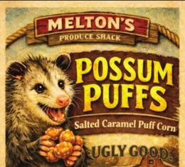 MELTON'S PRODUCE SHACK POSSUM PUFFS SALTED CARAMEL PUFF CORN UGLY GOOD. trademark