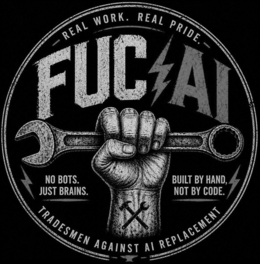 REAL WORK. REAL PRIDE. FUC AI NO BOTS. JUST BRAINS. BUILT BY HAND, NOT BY CODE. TRADESMEN AGAINST AI REPLACEMENT trademark