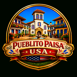 LITTLE COUNTRY STYLE PLAZA WITH COLOR-FULL HOUSES BALCONIES AND FLOWERS, RED LETTERS SAYING PUEBLITO PAISA ALSO YELLOW LETTER SAYING USA AND A BEAUTIFUL AMERICAN FLAG trademark