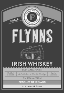 FLYNN'S WHISKEY CLOGHAN, COUNTY OFFALY P SMALL BATCH FLYNNS IRISH WHISKEY RUM CASK FINISH DISTILLED IN IRELAND A CELEBRATION OF HUMBLE HERITAGE AGED IN OAK CASKS ALC 40% VOL. 700ML PRODUCT OF IRELAND PJ FLYNN & SONS trademark