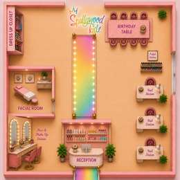 SPOLLYWOOD KIDZ DRESS UP CLOSET BIRTHDAY TABLE POLISH STATION FACIAL ROOM NAIL STATION NAIL STATION HAIR & MAKE UP STATION RECEPTION NAIL STATION trademark