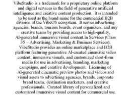 VIBESTUDIO IS A TRADEMARK FOR A PROPRIETARY ONLINE PLATFORM AND DIGITAL SERVICES IN THE FIELD OF GENERATIVE ARTIFICIAL INTELLIGENCE AND CREATIVE CONTENT PRODUCTION.  IT IS INTENDED TO BE USED AS THE BRAND NAME FOR THE COMMERCIAL B2B DIVISION OF THE VIBEOS ECOSYSTEM.  IT SERVES ADVERTISING AGENCIES, BRANDS, TOURISM BOARDS, EVENT ORGANIZERS, AND ANY CREATIVE TEAMS BY PROVIDING ACCESS TO HIGH-QUALITY, AI-GENERATED IMMERSIVE VISUAL CONTENT.IN SERVICES (CLASS 35 – ADVERTISING, MARKETING & BUSINESS SERVICES); VIBESTUDIO PROVIDES AN ONLINE MARKETPLACE AND B2B PLATFORM FEATURING GENERATIVE AI-CREATED CINEMATIC VIDEO CONTENT, IMMERSIVE VISUALS, AND CUSTOMIZED SHORT-FORM MEDIA FOR USE IN ADVERTISING, BRANDING, MARKETING CAMPAIGNS, AND CREATIVE DEVELOPMENT.  LICENSING OF AI-GENERATED CINEMATIC PREVIEW PHOTOS AND VIDEOS AND VISUAL ASSETS TO ADVERTISING AGENCIES, BRANDS, CORPORATE BRAND TEAMS, DESTINATION MARKETERS, AND CREATIVE PROFESSIONALS.  CURATED LIBRARY OF PERSONALIZED AND CUSTOMIZED IMMERSIVE VISUAL CONTENT FOR COMMERCIAL USE. trademark