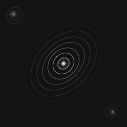 PRIMARY GALAXY BODY: LARGE CIRCULAR FORM WITH LAYERED CONCENTRIC DISK RINGS IN DARK NAVY BLUE; AMBER-GOLD NUCLEUS; SCATTERED STAR DOTS AROUND THE PERIMETER; FAINT DASHED TIDAL STREAM EXTENDING TOWARD IMPACT CENTER | UPPER-LEFT QUADRANTIMPACTING GALAXY BODY: SMALLER CIRCULAR FORM WITH LAYERED CONCENTRIC DISK RINGS IN DARK NAVY BLUE; GOLD NUCLEUS; SCATTERED STAR DOTS; FAINT DASHED TIDAL STREAM EXTENDING TOWARD IMPACT CENTER | LOWER-RIGHT QUADRANTOBLATE SHOCKWAVE RINGS: TWELVE CONCENTRIC OVAL RINGS TILTED APPROXIMATELY 45 DEGREES; COMPRESSED (NARROWED) ALONG THE GALAXY APPROACH DIAGONAL; GRADUATING FROM BRIGHT GOLD (INNERMOST, HEAVIEST WEIGHT) TO DEEP BRONZE (OUTERMOST, FINEST WEIGHT) WITH DECREASING OPACITY OUTWARD; PEAK DISTORTION OCCURS AT MID-RINGS | CENTER OF MARK, EXTENDING TOWARD ALL FOUR CORNERSREFRACTION NODES: SMALL FILLED CIRCLES IN TEAL-GREEN, POSITIONED ALONG THE UPPER-LEFT TO LOWER-RIGHT DIAGONAL AXIS AT THE INNERMOST COMPRESSION POINT OF ALTERNATING RINGS; FORM A DOTTED DIAGONAL LINE EXTENDING FROM NEAR-CENTER TOWARD EACH GALAXY BODY | ALONG THE 45-DEGREE DIAGONAL AXIS, UPPER-LEFT AND LOWER-RIGHT OF CENTERTIDAL STREAMS: TWO FAINT DASHED CURVED LINES CONNECTING EACH GALAXY BODY TO THE CENTRAL IMPACT POINT, SUGGESTING GRAVITATIONAL INTERACTION | DIAGONAL FROM UPPER-LEFT AND LOWER-RIGHT TOWARD CENTERCENTRAL IMPACT FLASH: LAYERED CONCENTRIC FILLED CIRCLES FROM OUTERMOST TO CENTER: DARK NAVY BLUE, GOLD, BRIGHT GOLD, AND WHITE; FOUR SHORT LINES EXTEND AT CARDINAL COMPASS DIRECTIONS (CROSSHAIR FORMATION) | CENTER OF MARKSTAR FIELD: SCATTERED SMALL CIRCULAR DOTS OF VARYING SIZES AND OPACITIES DISTRIBUTED ACROSS THE BACKGROUND, DENSER NEAR THE GALAXY BODIES | THROUGHOUT THE BACKGROUND FIELD trademark