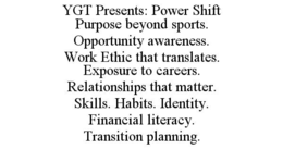 YGT PRESENTS: POWER SHIFT PURPOSE BEYOND SPORTS. OPPORTUNITY AWARENESS. WORK ETHIC THAT TRANSLATES. EXPOSURE TO CAREERS. RELATIONSHIPS THAT MATTER. SKILLS. HABITS. IDENTITY. FINANCIAL LITERACY. TRANSITION PLANNING. trademark
