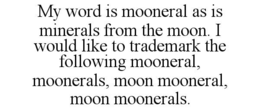 MY WORD IS MOONERAL AS IS MINERALS FROM THE MOON. I WOULD LIKE TO TRADEMARK THE FOLLOWING MOONERAL, MOONERALS, MOON MOONERAL, MOON MOONERALS. trademark