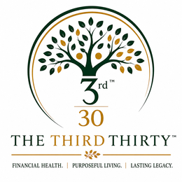 THE MARK CONSISTS OF A STYLIZED TREE WITH GREEN AND GOLD LEAVES ENCLOSED WITHIN A CIRCULAR GREEN AND GOLD BORDER. BENEATH THE TREE APPEARS THE STYLIZED WORDING “3RD” WITH THE NUMBER “30” BELOW IT. BELOW THAT APPEARS THE WORDING “THE THIRD THIRTY” IN STYLIZED LETTERING, WITH THE WORD “THIRD” IN GOLD AND THE REMAINING WORDING IN GREEN. BENEATH THE WORDING IS A SMALL LEAF DESIGN POSITIONED BETWEEN TWO HORIZONTAL LINES, FOLLOWED BY THE WORDING “FINANCIAL HEALTH. | PURPOSEFUL LIVING. | LASTING LEGACY.” IN STYLIZED LETTERING. THE COLORS GREEN AND GOLD ARE CLAIMED AS FEATURES OF THE MARK. trademark