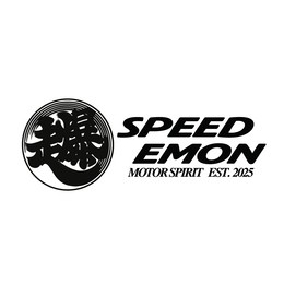 THE JAPANESE CREST STYLE ROUNDED LOGO CONTAIN KANJI LETTERS (BAKUSO) ON THE LEFT. ON THE RIGHT OF THE CREST WE HAVE OUR BRAND NAME "SPEED EMON" AND SLOGAN "MOTOR SPRIT" WITH OUR ESTABLISHED YEAR trademark