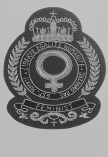 FEMINIST CREST WITH THE WORDS LIBERTE, EGALITE, HUMANITE, SUZANNE RAE trademark
