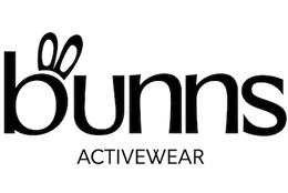 THE STYLIZED WORDING "BUNNS" WITH A SET OF UPRIGHT RABBIT EARS EMERGING FROM THE TOP CURVED PORTION OF THE LETTER "B". BELOW THIS, THE WORD "ACTIVEWEAR" APPEARS IN A SMALLER, CLEAN, SANS-SERIF UPPERCASE FONT. trademark