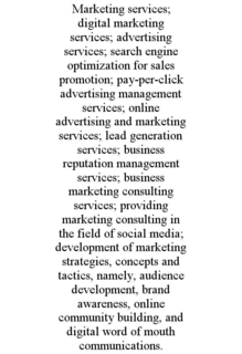MARKETING SERVICES; DIGITAL MARKETING SERVICES; ADVERTISING SERVICES; SEARCH ENGINE OPTIMIZATION FOR SALES PROMOTION; PAY-PER-CLICK ADVERTISING MANAGEMENT SERVICES; ONLINE ADVERTISING AND MARKETING SERVICES; LEAD GENERATION SERVICES; BUSINESS REPUTATION MANAGEMENT SERVICES; BUSINESS MARKETING CONSULTING SERVICES; PROVIDING MARKETING CONSULTING IN THE FIELD OF SOCIAL MEDIA; DEVELOPMENT OF MARKETING STRATEGIES, CONCEPTS AND TACTICS, NAMELY, AUDIENCE DEVELOPMENT, BRAND AWARENESS, ONLINE COMMUNITY BUILDING, AND DIGITAL WORD OF MOUTH COMMUNICATIONS. trademark