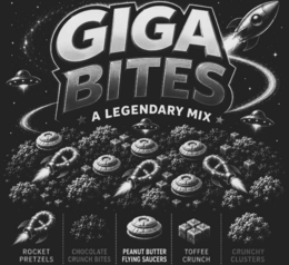 GIGA BITES A LEGENDARY MIX ROCKET PRETZELS CHOCOLATE CRUNCH BITES PEANUT BUTTER FLYING SAUCERS TOFFEE CRUNCH CRUNCHY CLUSTERS trademark