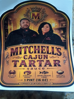 M MITCHELL'S CAJUN TARTAR SAUCE BOLD CAJUN FLAVOR PERFECT FOR SEAFOOD DIPPING, SPREADING & MORE 1 PINT (16 OZ) A PRODUCT OF MITCHELL'S BBQ LLC SHAKE WELL BEFORE USE trademark