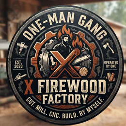 ONE-MAN GANG EST. 2023 OPERATED BY ONE X FIREWOOD FACTORY CUT. MILL. CNC. BUILD. BY MYSELF. trademark