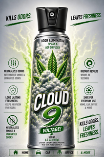 KILLS ODORS. LEAVES FRESHNESS. ODOR ELIMINATOR SPRAY & ODP DIFFUSER NEUTRALIZES ODORS NEUTRALIZES SMOKE & UNWANTED ODORS LONG LASTING FRESHNESS KEEPS AIR FRESH FOR HOURS INSTANT RESULTS WORKS IN SECONDS SAFE FOR EVERYDAY USE HOME, CAR, OFFICE & MORE CLOUD 9 VOLTAGE! SCENT 6.3 OZ (185G) CAUTION: CONTENTS UNDER PRESSURE READ BACK PANEL CAREFULLY HOME CAR OFFICE & MORE trademark