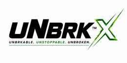 LETTERS UNBRK IN BLACK WITH A BIGGER "N". A METALLIC GREEN CUSTOMIZED "X" LETTER TO THE RIGHT. SMALL "TM" LETTERS AFTER UNBRK TO IDENTIFY IT IS A TRADEMARK. A SLOGAN WITH UNDERLINE BELOW UNBRK THAT SAYS: "UNBRKABLE. UNSTOPPABLE. UNBROKEN." UNSTOPPABLE IN METALLIC GREEN. trademark