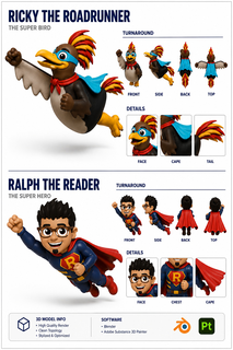 RALPH THE READER, THE SUPER HERO, DETAILS, FACE, CAPE, TAIL, TURNAROUND, FRONT, SIDE, BACK TOP, DETAILS, FACE, CHEST, CAPE, 3D MODEL INFO, HIGH QUALITY RENDER, CLEAN TOPOLOGY, STYLIZED & OPTIMIZED, SOFTWARE, BLENDER, ADOBE SUBSTANCE 3D PAINTER PT trademark